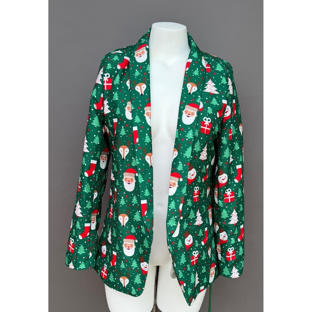 Holiday Time Light Up Christmas Blazer Womens Medium Green Santa Reindeer Party